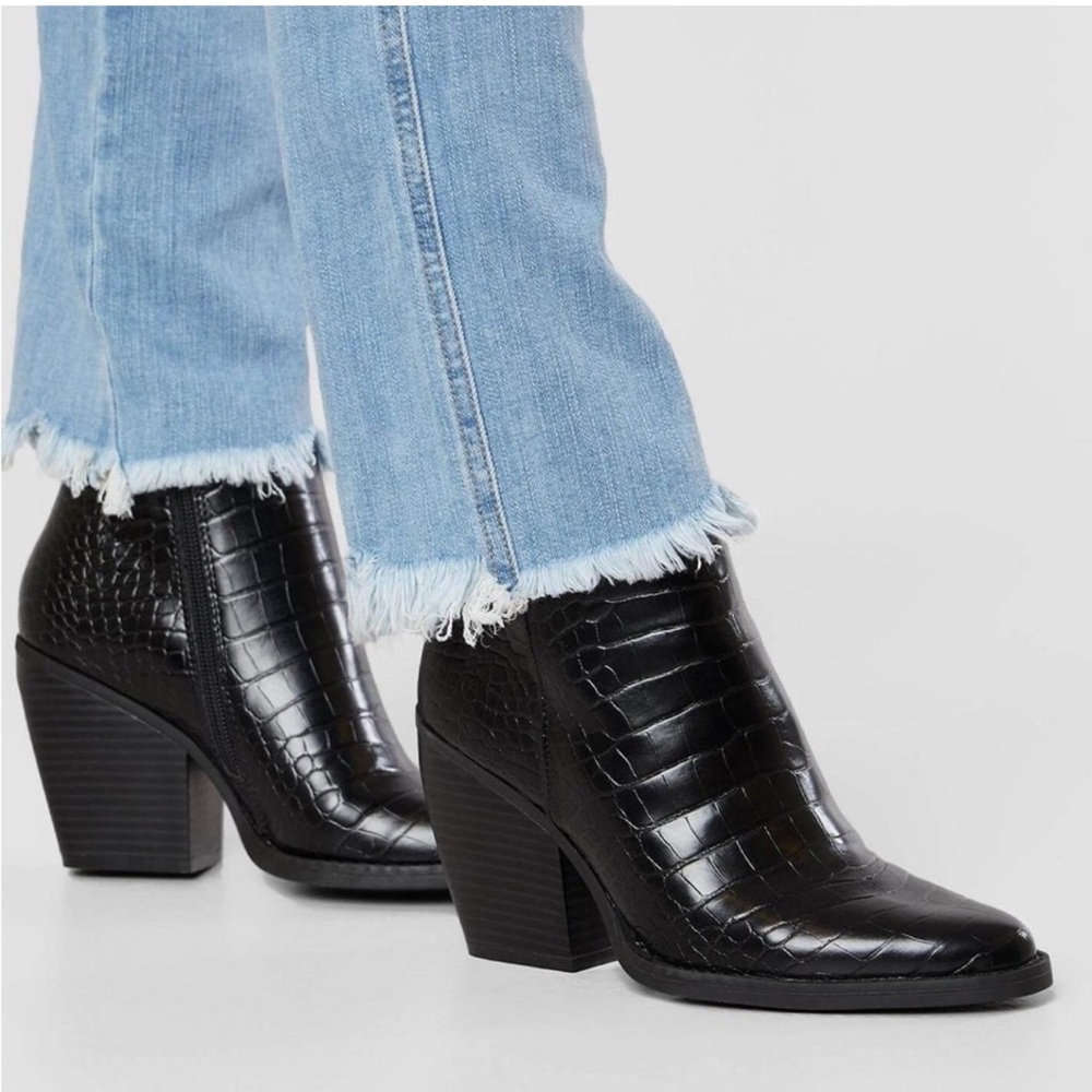 Madden Girl Black Croc Embossed Ankle Boots | Block Heel | Pointed Toe